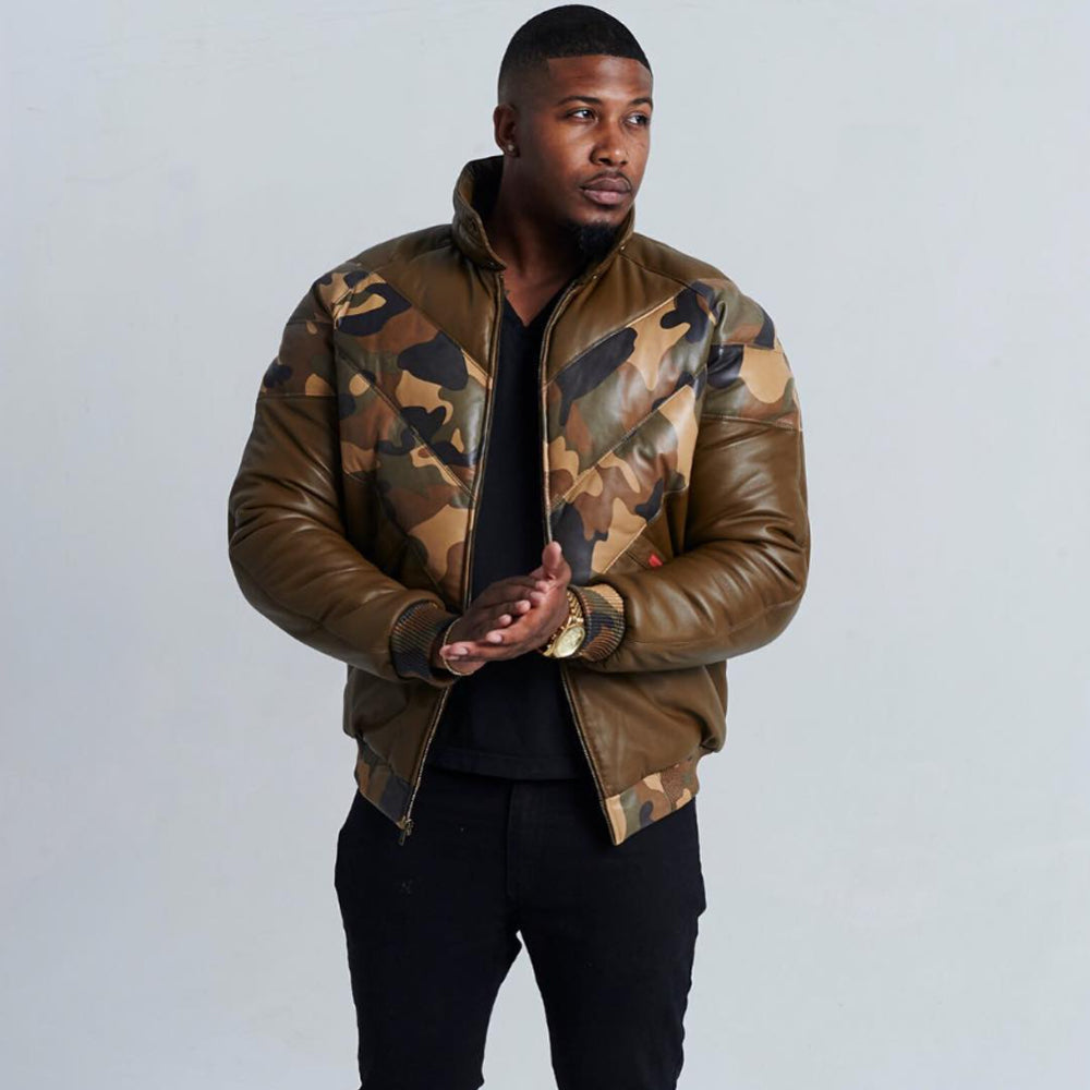 Man wearing brown camo leather V-bomber jacket showing chevron panel construction
