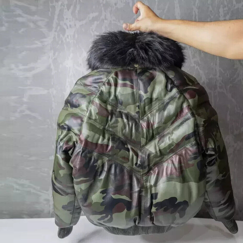 Rear view of the camo leather V-bomber puffer coat highlighting the quilted chevron bubble lines and olive ribbing.