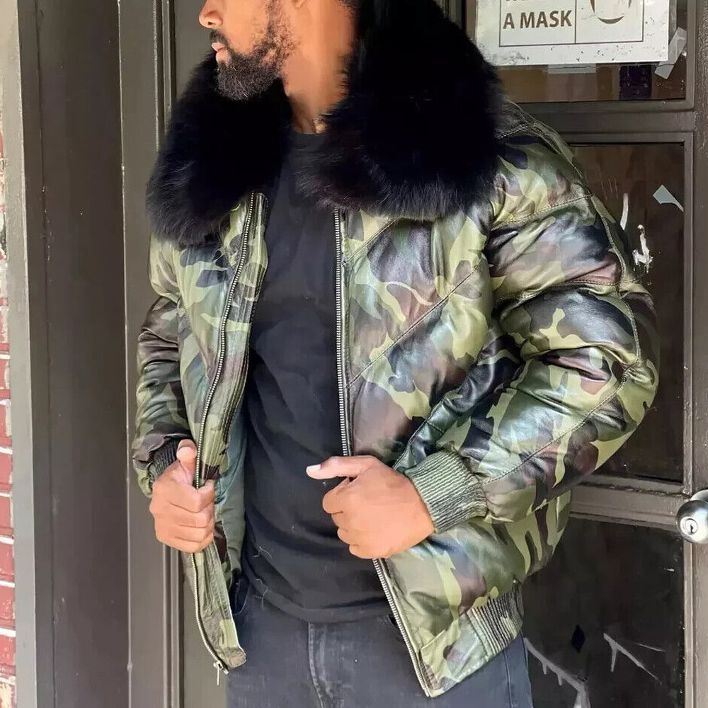 A man wearing the men's camouflage lambskin leather V-bomber jacket open with the front closure zip completely undone.
