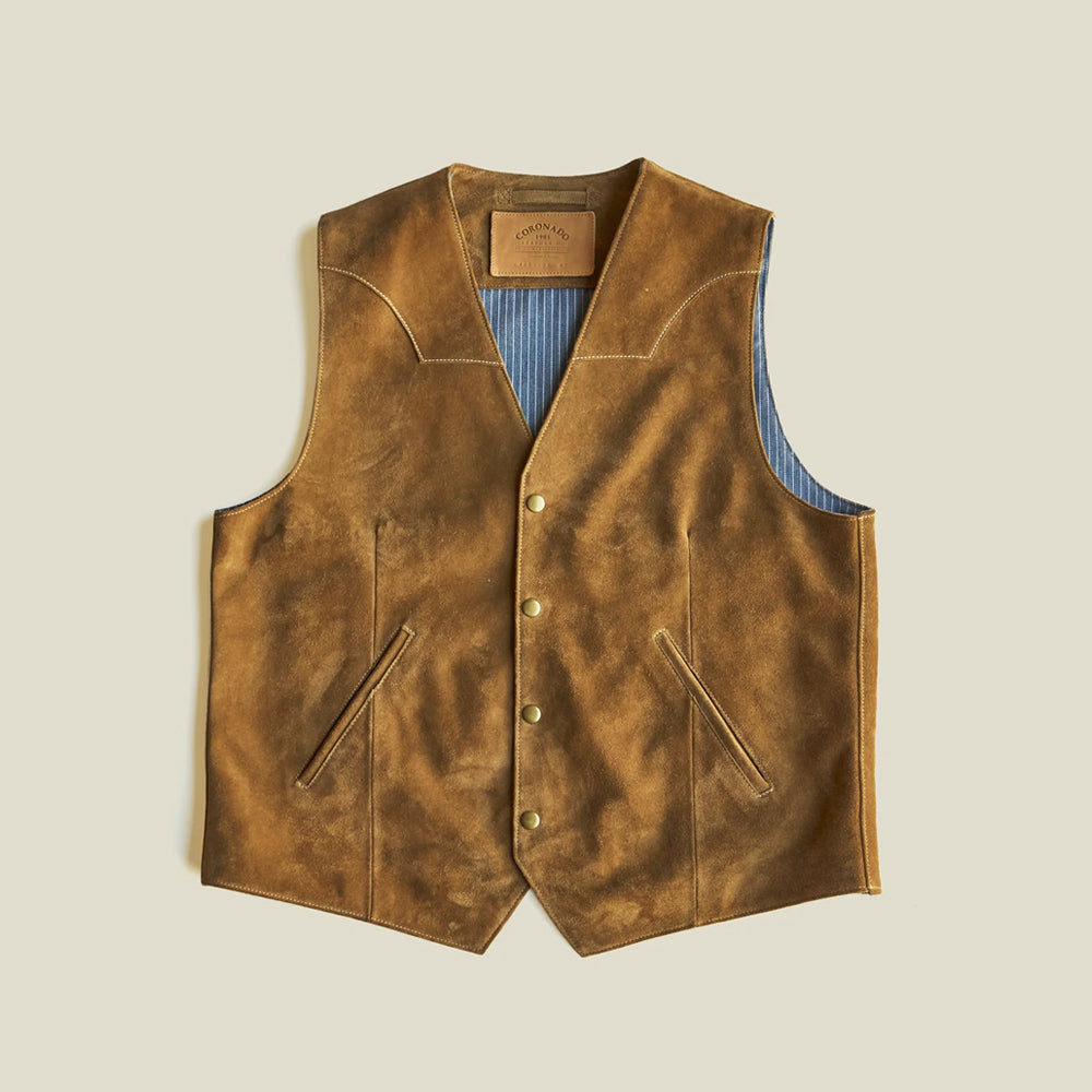 Front product view of men’s caramel cow suede cowboy vest with four brass snaps, Western yokes and angled welt pockets