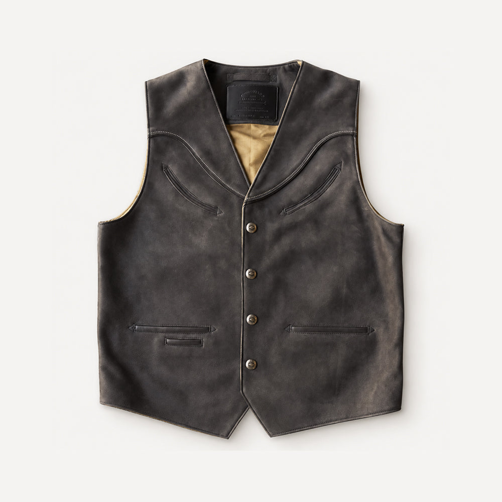 Front view of men’s charcoal nubuck cowboy vest with curved Western yokes, four antique snaps and black-trimmed pockets