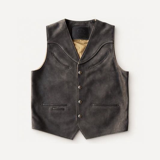 Front view of men’s charcoal nubuck cowboy vest with curved Western yokes, four antique snaps and black-trimmed pockets