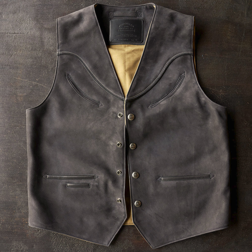 Product view of the men’s charcoal Western leather vest with seven-pocket storage and antique-finish snaps