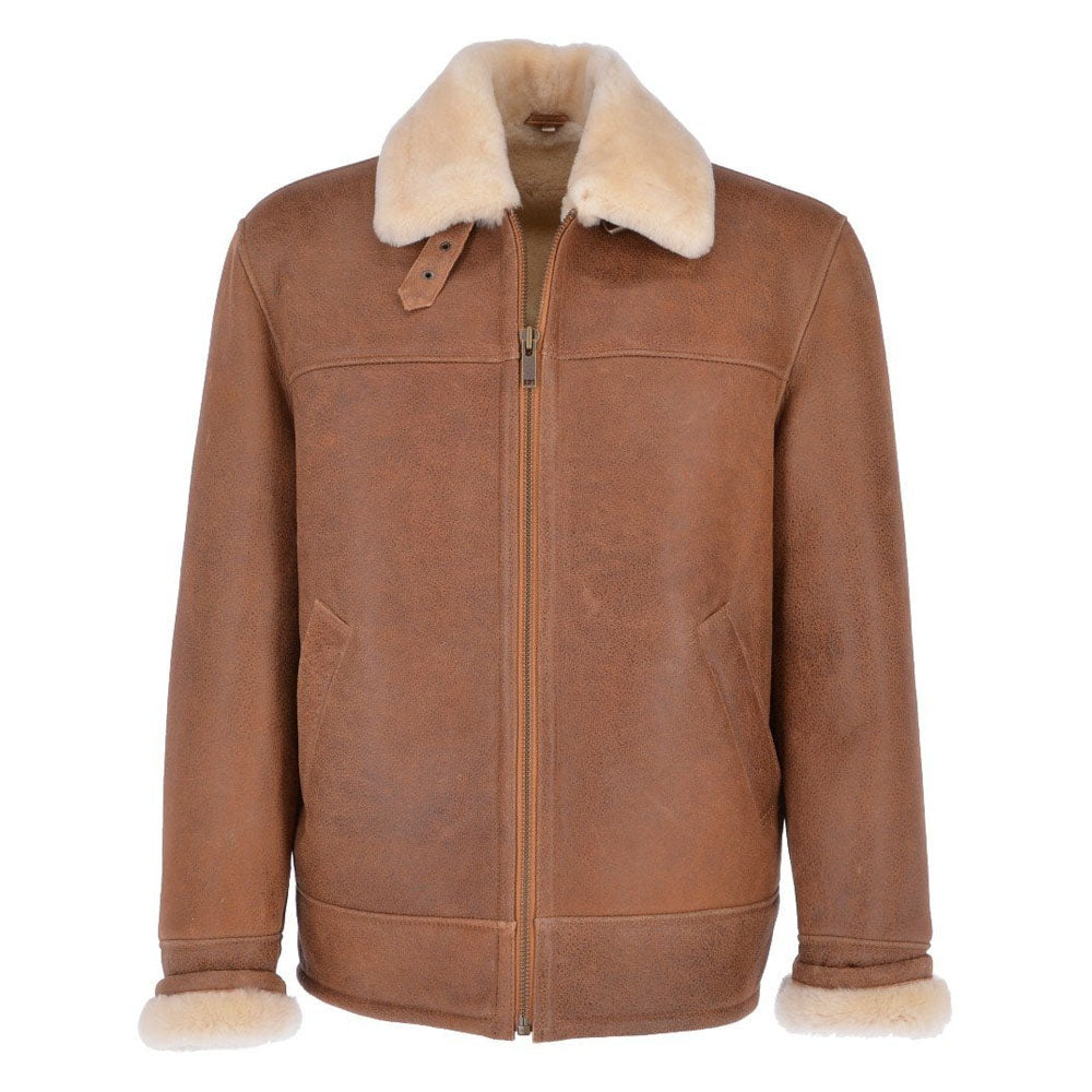 Front view of men's chestnut brown RAF shearling flying leather jacket with plush cream fur collar and antique brass zipper
