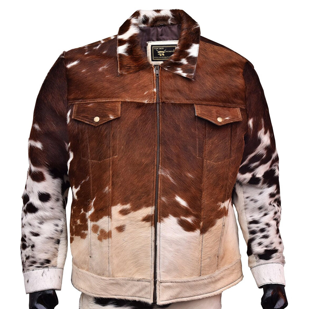 Front product view of men’s chestnut hair-on cowhide trucker jacket with YKK zipper and snap-flap chest pockets