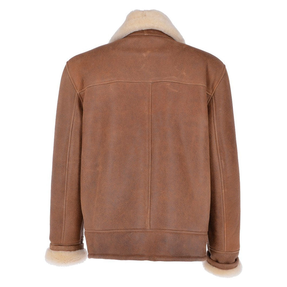 Back flat lay view of men's chestnut leather shearling bomber jacket showing horizontal yoke and central vertical seam piping