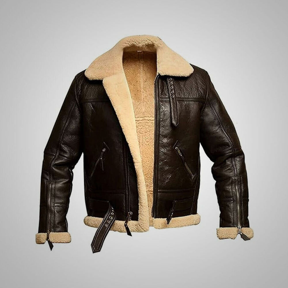 Front view of men's chocolate B3 aviator fur jacket unzipped displaying full cream interior fur lining