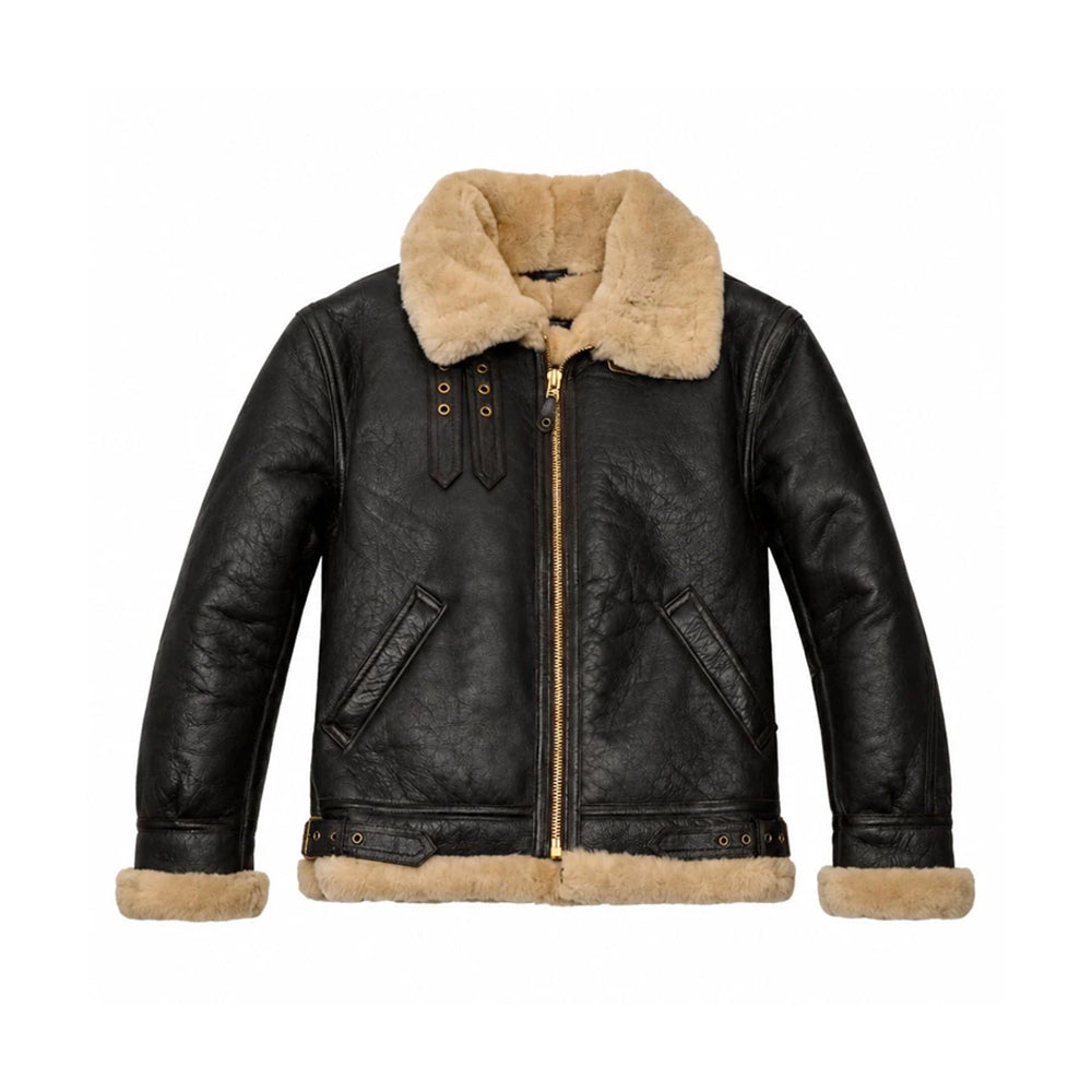 Front view of men’s chocolate B-3 sheepskin jacket with cream shearling collar, twin throat straps, brass zip and waist adjusters.