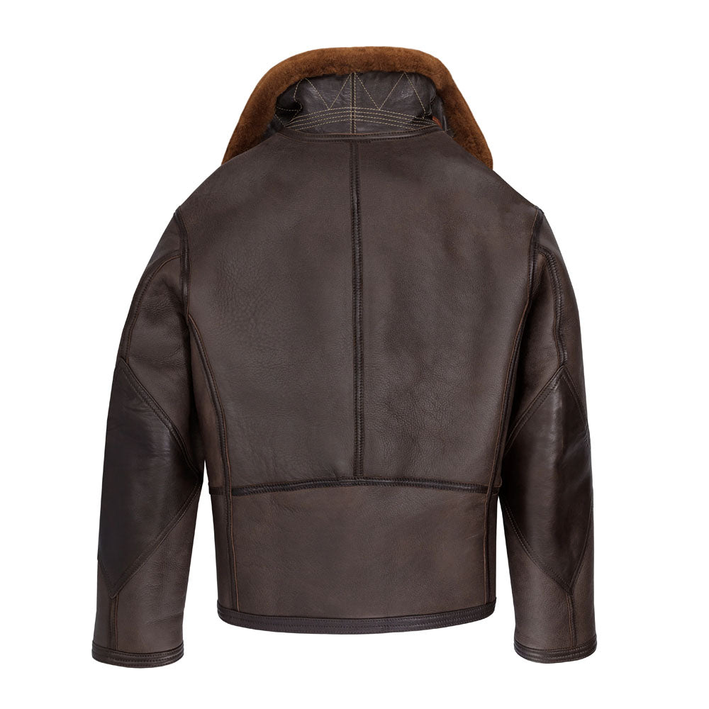 Rear view of men's dark brown sheepskin pilot coat highlighting diamond elbow patches and under-collar zigzag cross-hatch stitching.