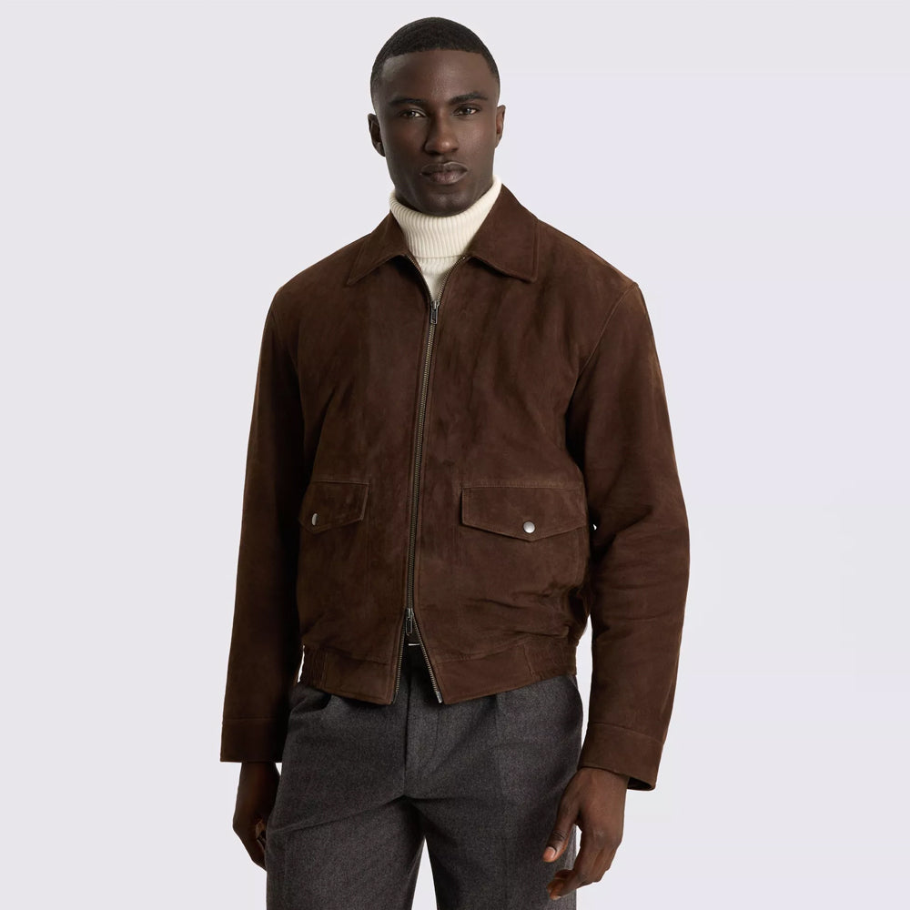 Front model view of men’s chocolate brown goat suede bomber with point collar, two-way zipper and snap-flap pockets