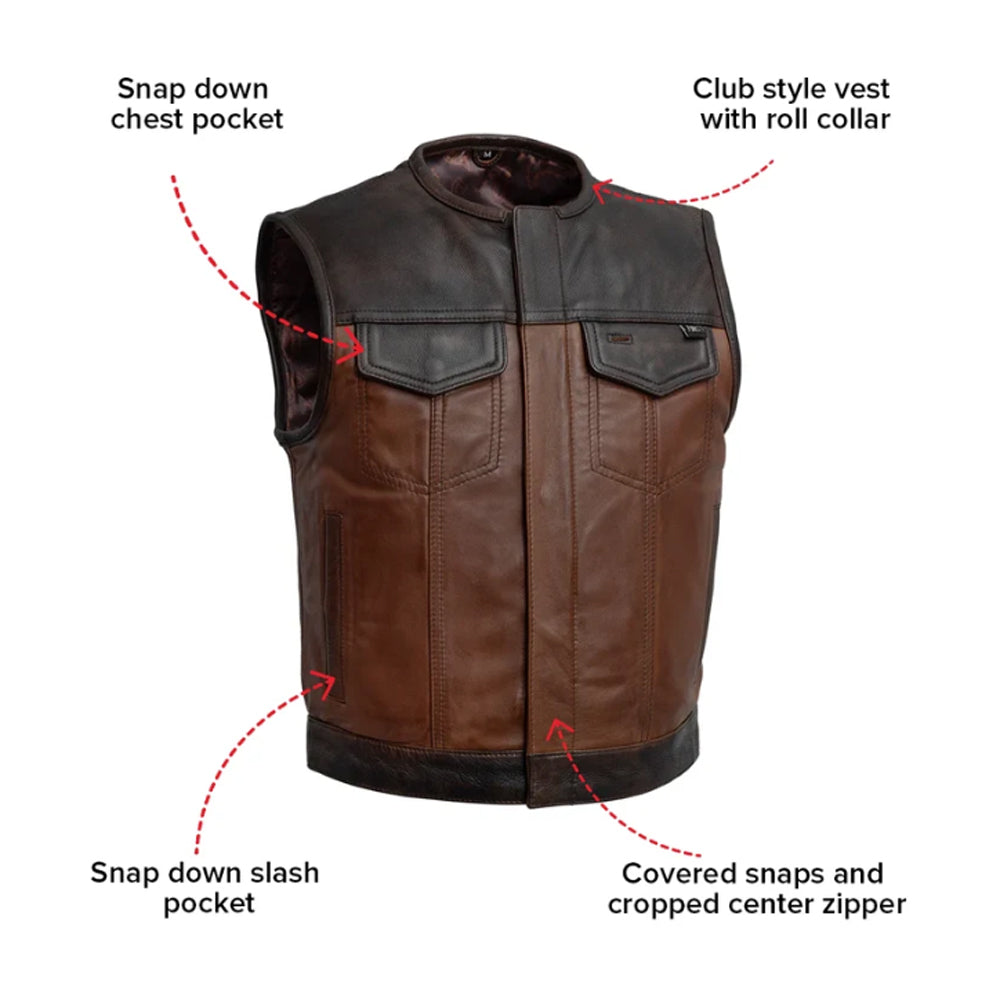 Men's two-tone leather club vest showing roll collar, snap pockets and covered center zipper