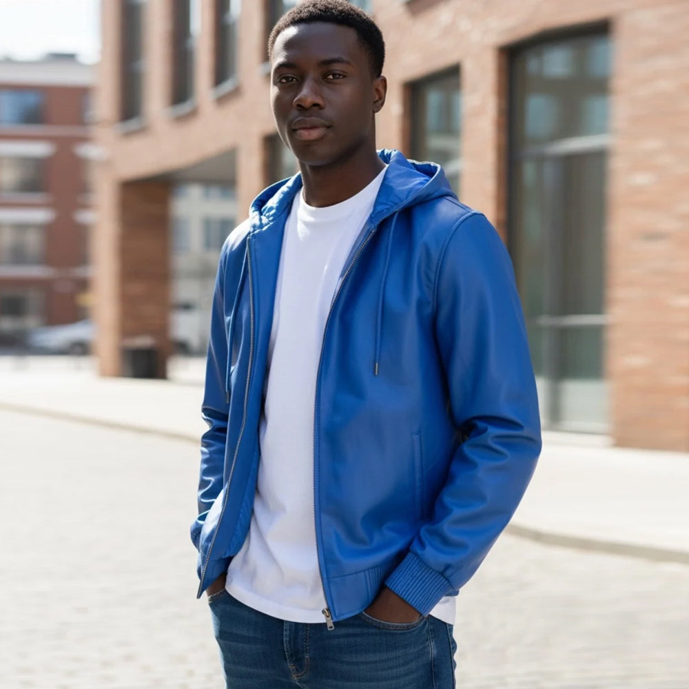 Three-quarter view of men’s cobalt blue leather hoodie showing smooth genuine leather, attached hood, shaped sleeves and knit wrist trim.
