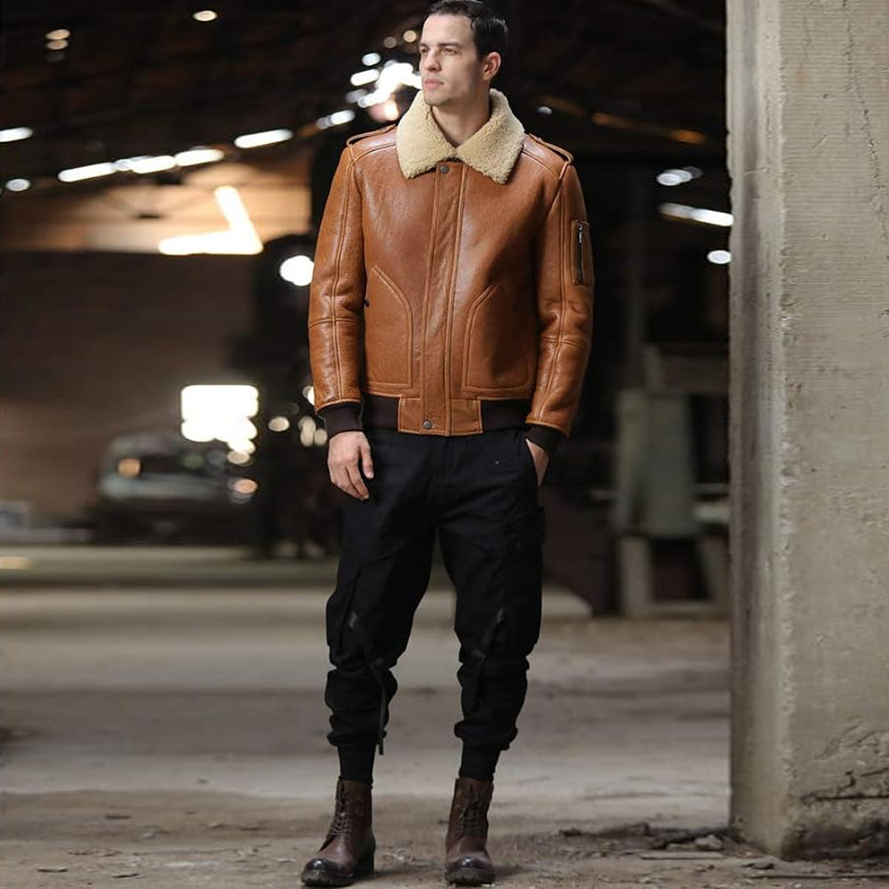 Full Look of Men's Cognac Brown B-3 Aviator Flight Bomber Jacket