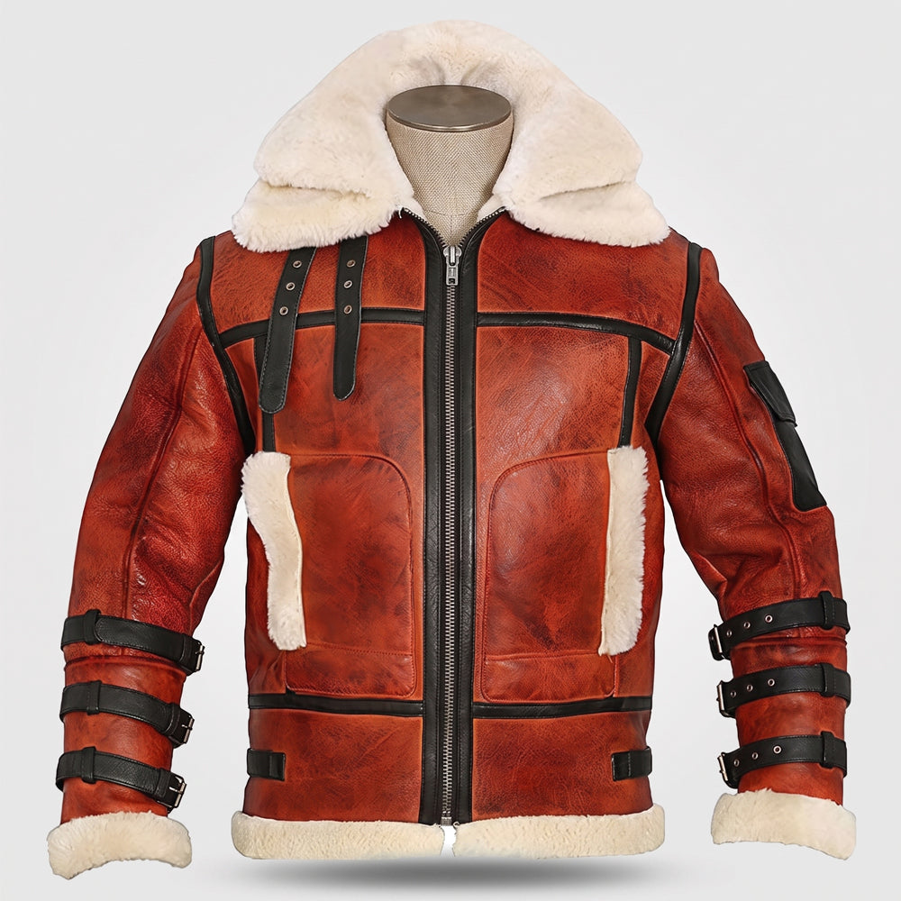 Flat lay front view of men's cognac B-3 tactical shearling jacket showing double throat latches and triple wrist buckles.