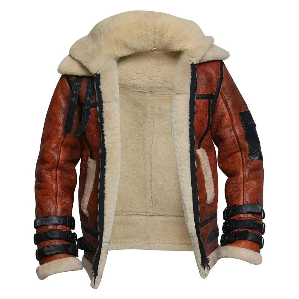 Front open view of men's cognac RE4 tactical B-3 shearling aviator jacket with cream fleece lining and triple buckle cuffs.