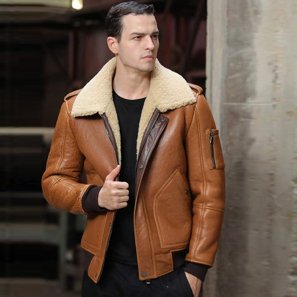 Men's Cognac Brown Sheepskin B-3 Bomber Jacket Styled with Shearling Collar