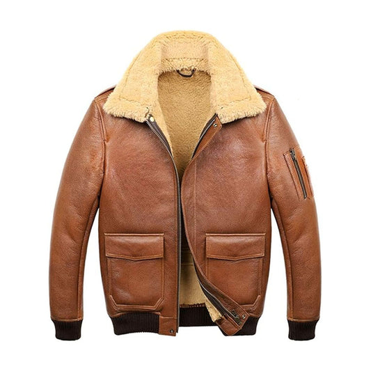 Men's cognac shearling ribbed aviator bomber jacket in real sheepskin with beige wool collar