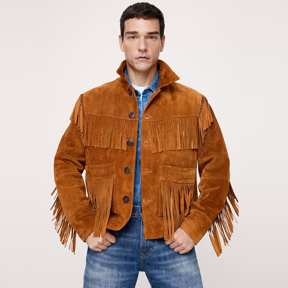 Front view of men's cognac Western suede fringe jacket with curved chest yoke, dark buttons and fringed patch pockets.