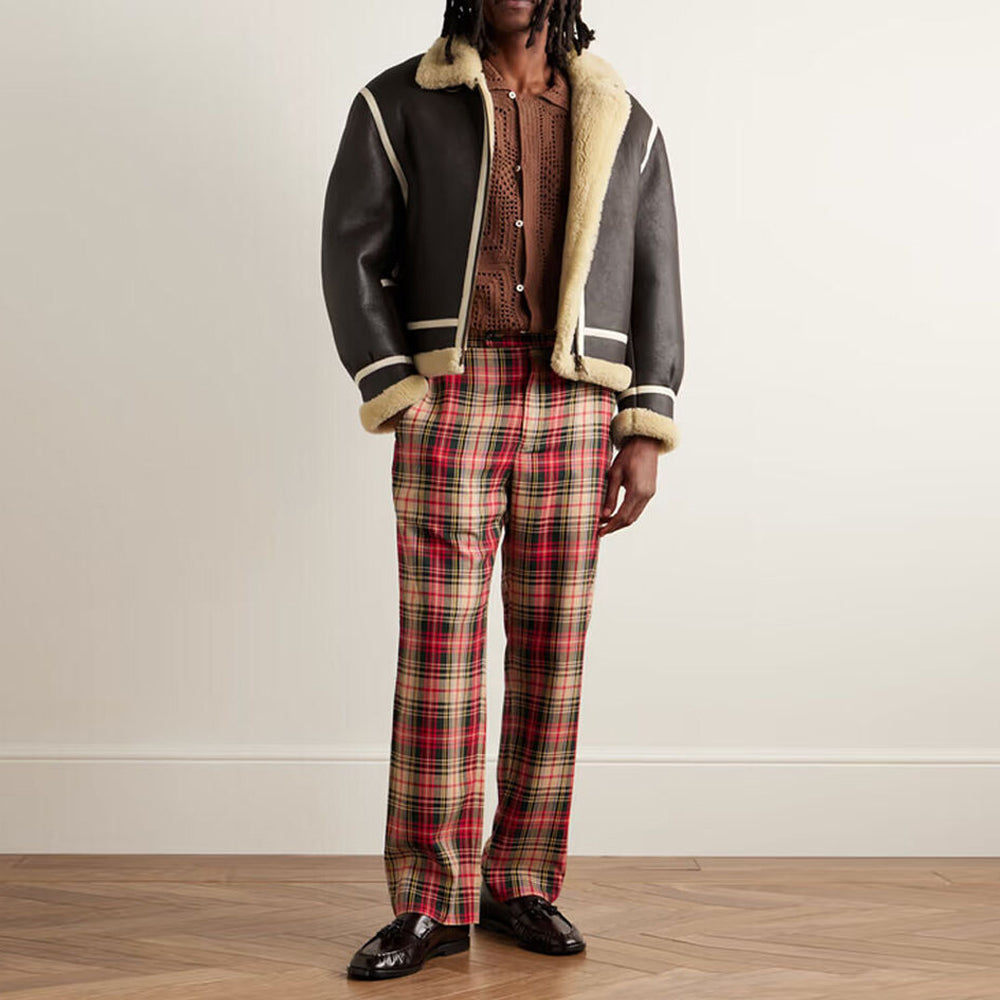 Full body model wearing men's contrast piped shearling B3 coat with cream fur spread collar