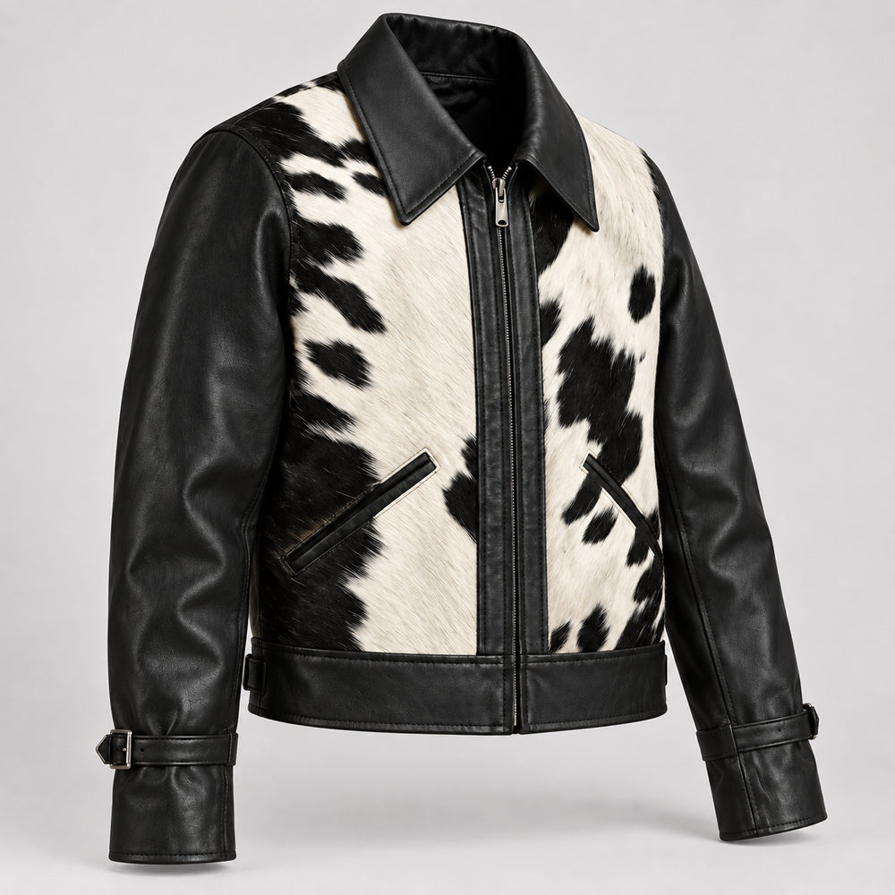 Angled view of men’s cow print leather jacket with straight zipper and buckle cuff straps
