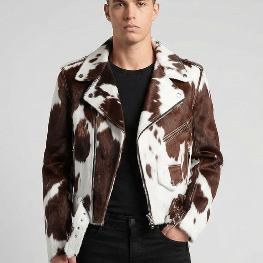 Open front view of men’s cowhide biker jacket showing silver-tone zippers and notched lapels