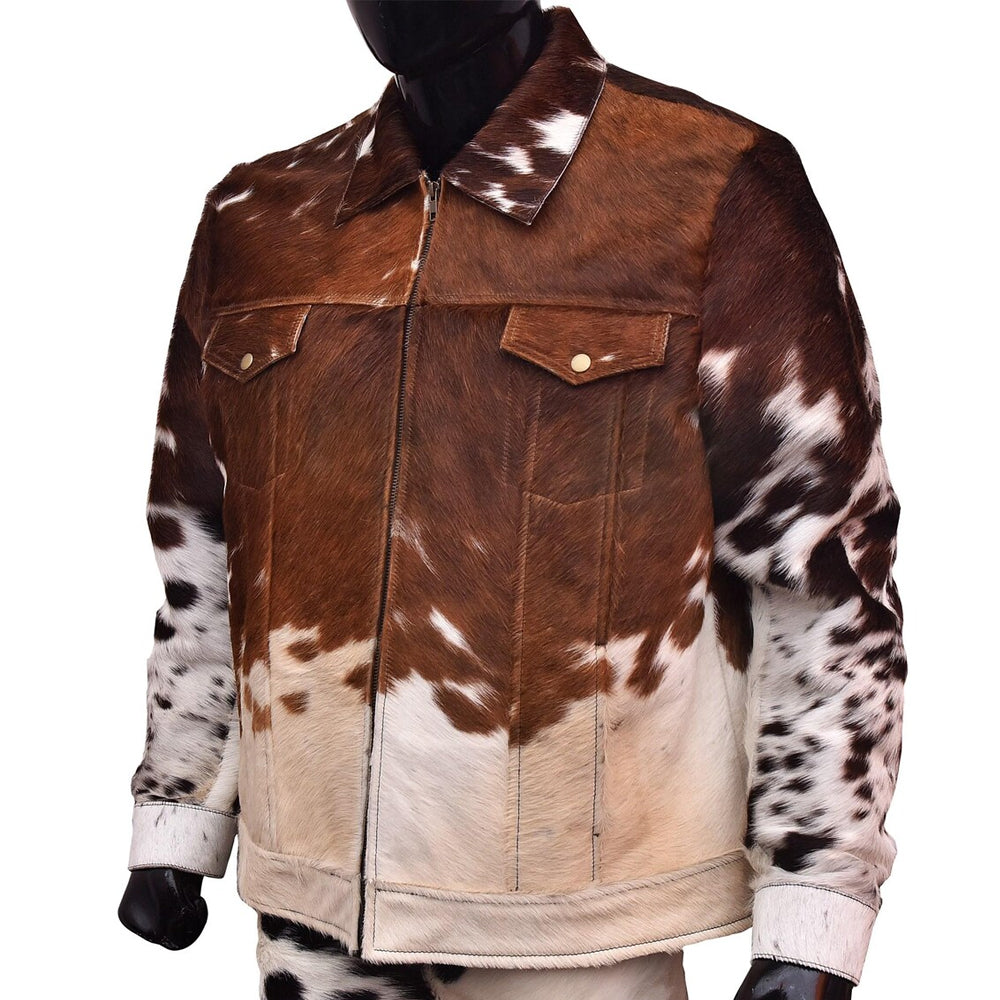 Three-quarter view of men’s cowhide zip jacket showing chest pockets, spotted sleeves and structured waistband