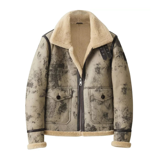 Front flat lay view of men's crackle wash shearling flight coat displaying dual flap patch pockets and dark brown seam piping