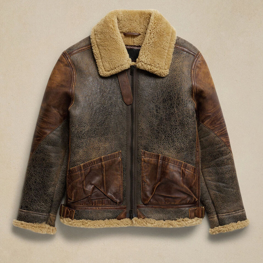 Flat lay front view of men's crackled brown B3 aviator shearling jacket with cognac patch pockets and cream collar