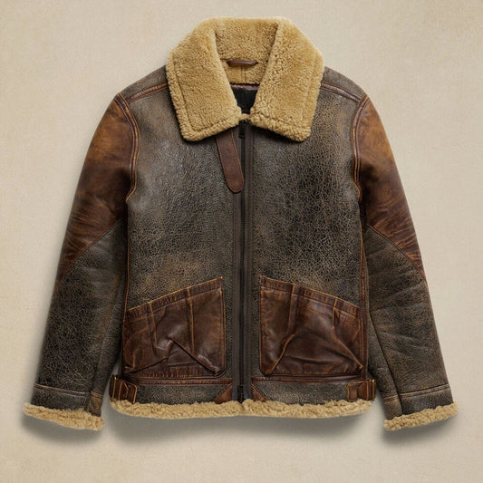 Flat lay front view of men's crackled brown B3 aviator shearling jacket with cognac patch pockets and cream collar