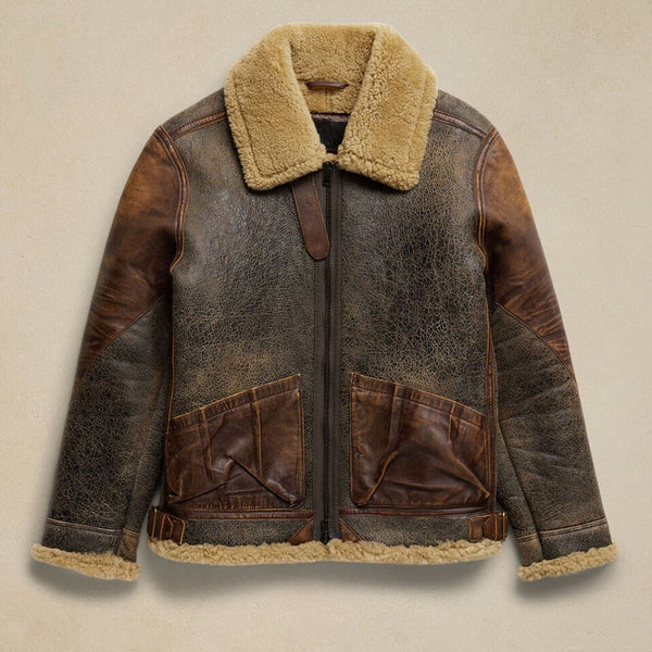 Flat lay front view of men's crackled brown B3 aviator shearling jacket with cognac patch pockets and cream collar
