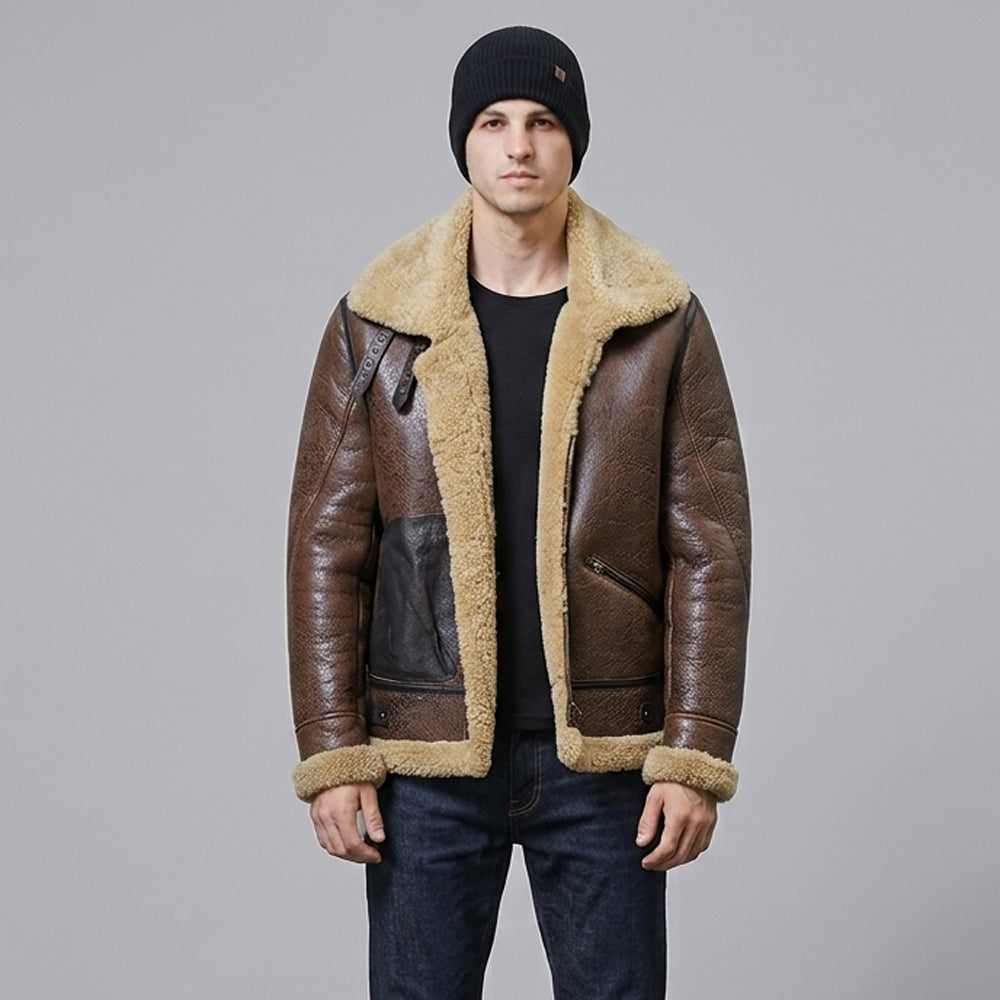 Men's Crinkled Vintage B-3 Flyer's Jacket Front View with Shearling Collar