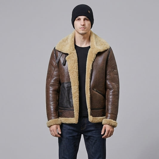 Men's Crinkled Vintage B-3 Flyer's Jacket Front View with Shearling Collar