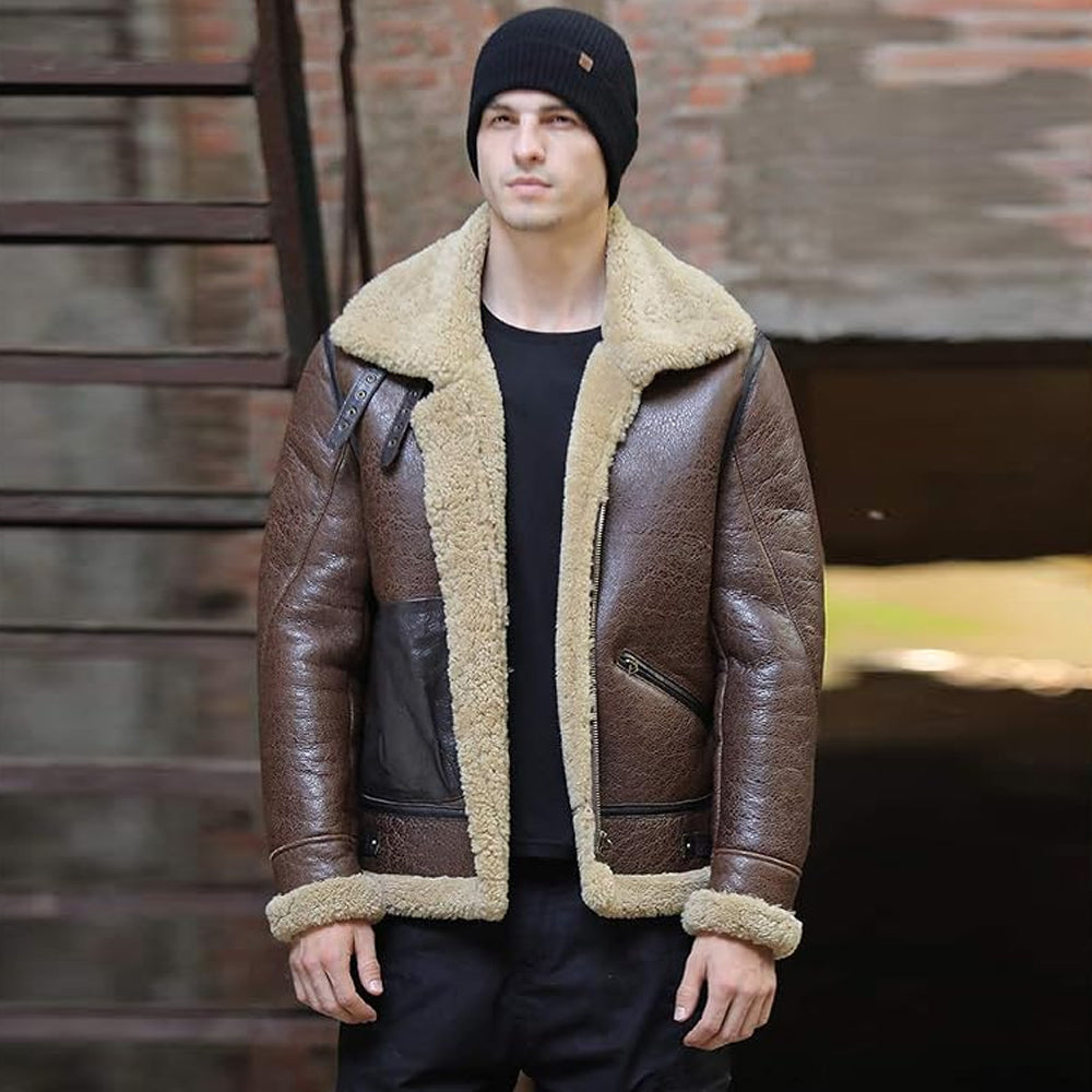 Close-Up of Shearling Cuffs on Men's Crinkled Leather B-3 Jacket