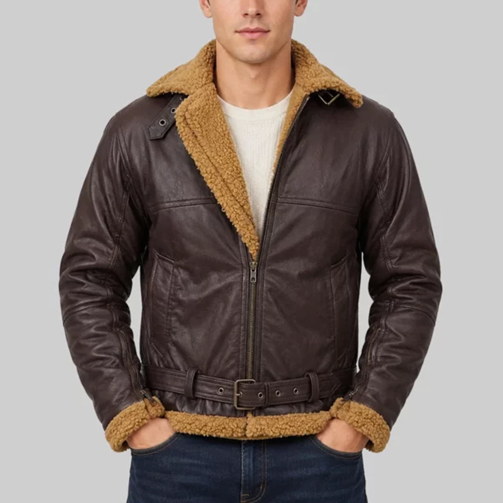 Front view of model wearing men's dark brown B3 aviator flight jacket with mustard shearling collar and waist belt