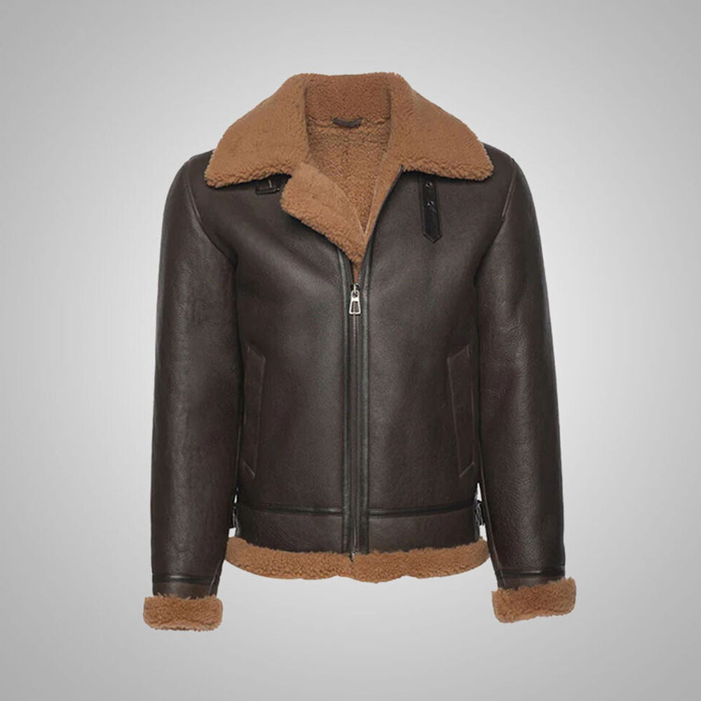Front view of men's dark brown B3 aviator flight leather jacket with tan camel shearling collar and silver zipper