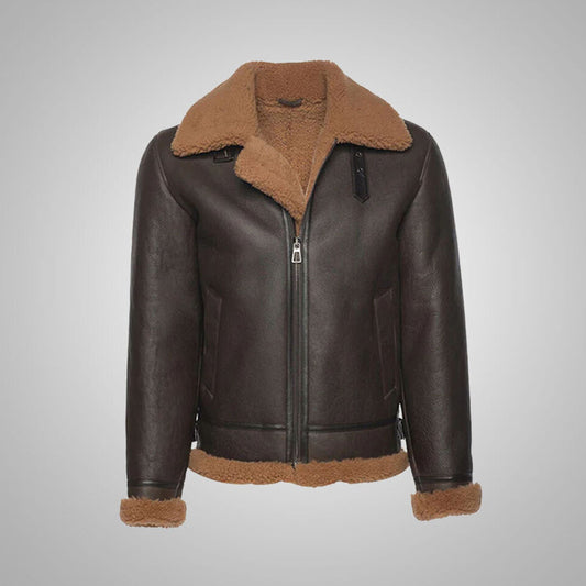 Front view of men's dark brown B3 aviator flight leather jacket with tan camel shearling collar and silver zipper