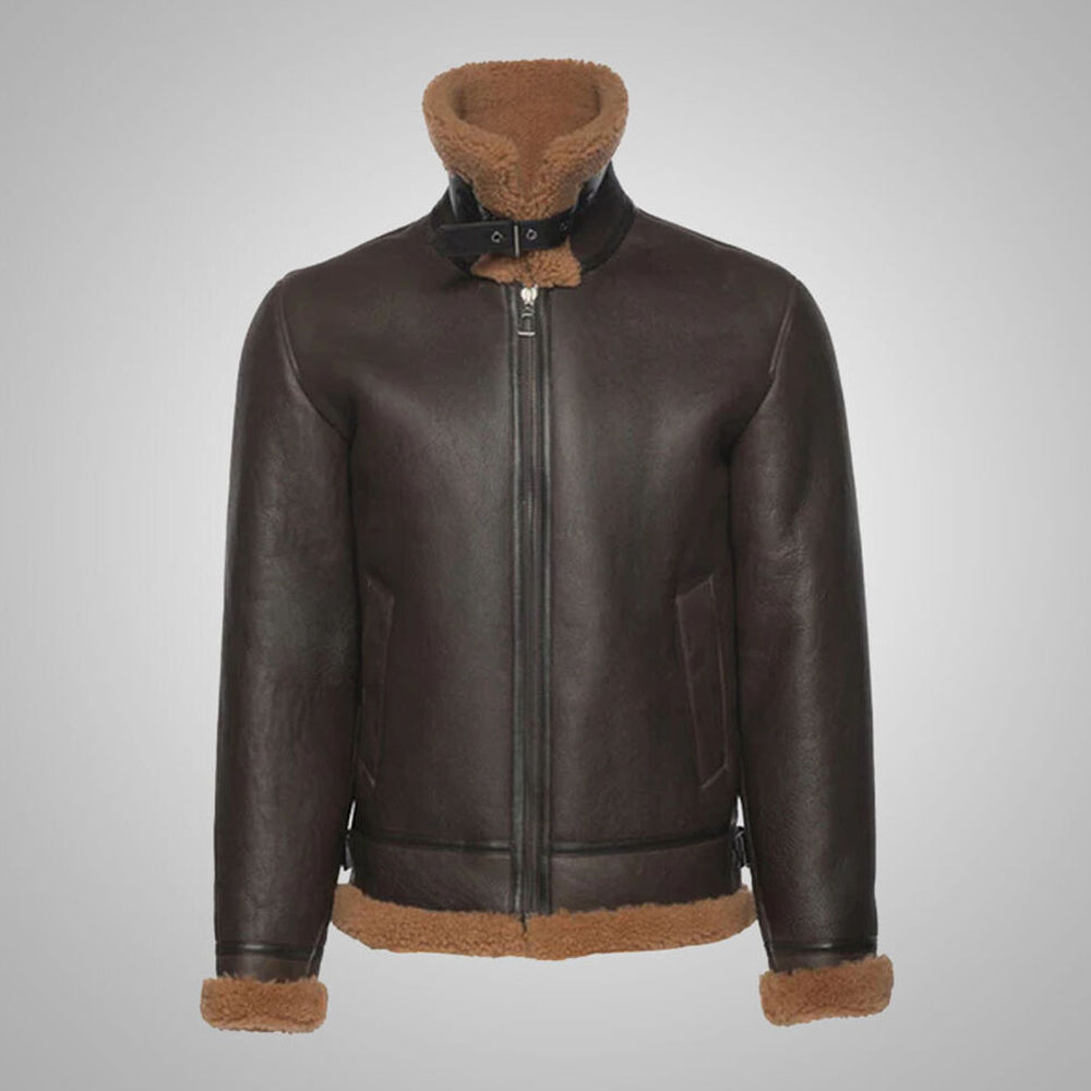 Front view of men's dark brown B3 aviator jacket fully zipped with collar buckled up into high neck stand