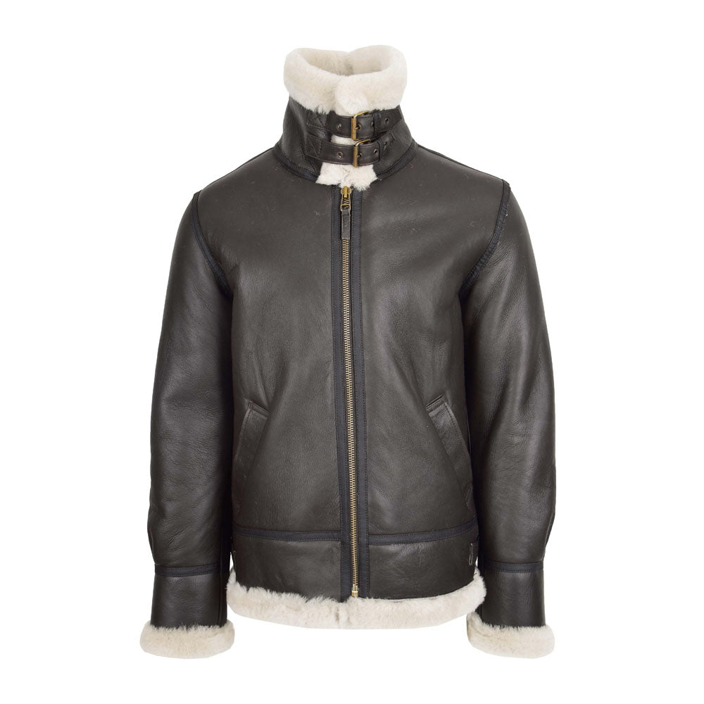 Front view of men's dark brown B3 aviator jacket zipped up with double-buckled off-white fur collar