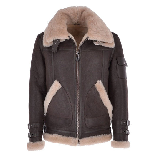 Front view of men's dark brown B-3 shearling aviator jacket featuring fur-trimmed pockets, dual cuff straps, and sleeve utility pocket