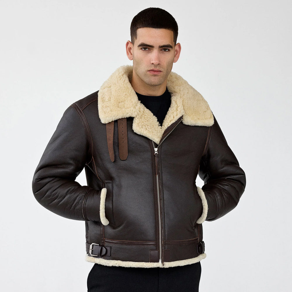 Front view of men's dark brown B-3 shearling aviator jacket with cream collar and waist buckles
