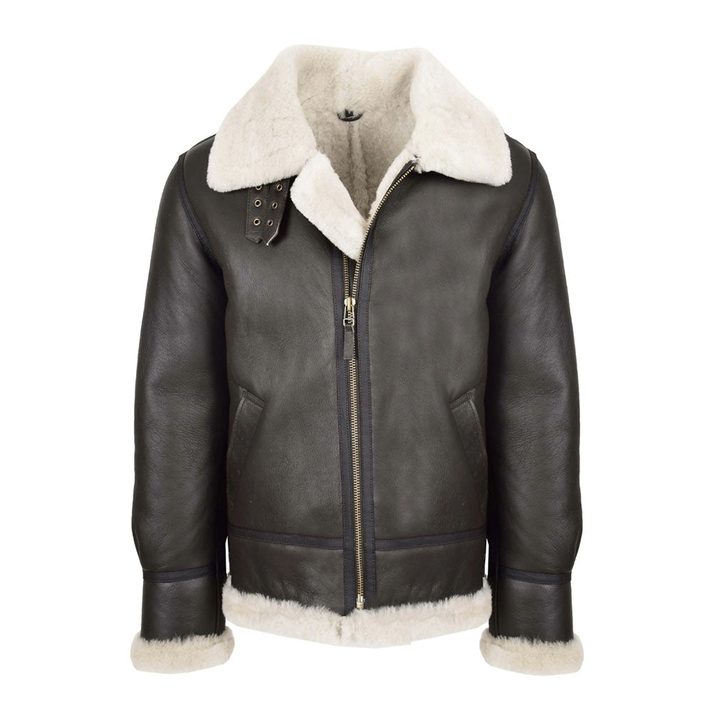 Front view of men's dark brown B3 shearling leather aviator flight jacket with open off-white fur collar and brass zip