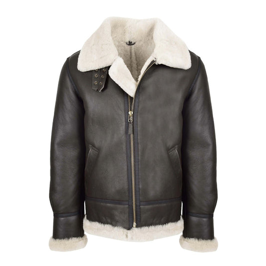 Front view of men's dark brown B3 shearling leather aviator flight jacket with open off-white fur collar and brass zip
