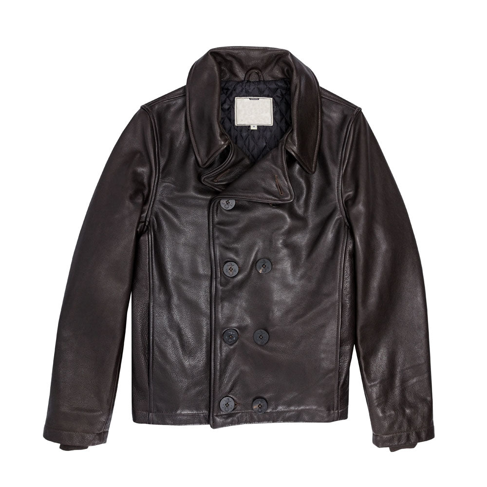 Flat lay front view of men's dark brown deer-tanned calfskin leather pea coat bomber with double-breasted anchor buttons.