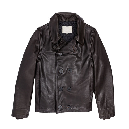 Flat lay front view of men's dark brown deer-tanned calfskin leather pea coat bomber with double-breasted anchor buttons.
