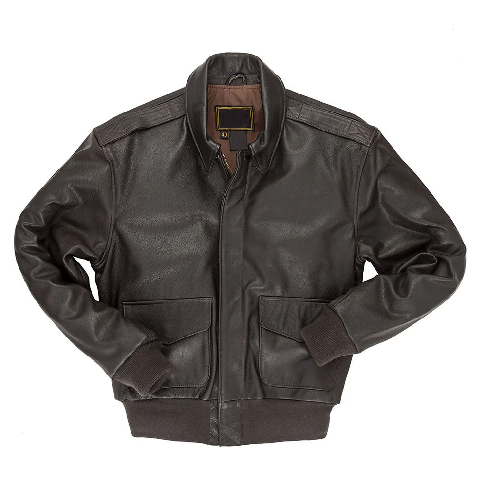 Front flat lay view of men's dark brown goatskin A-2 flight jacket featuring scalloped flap pockets and ribbed cuffs.