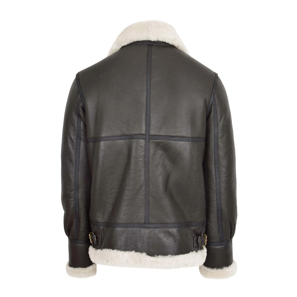 Back view of men's dark brown shearling B3 coat showing 4-panel cross-yoke seam layout and waist buckles