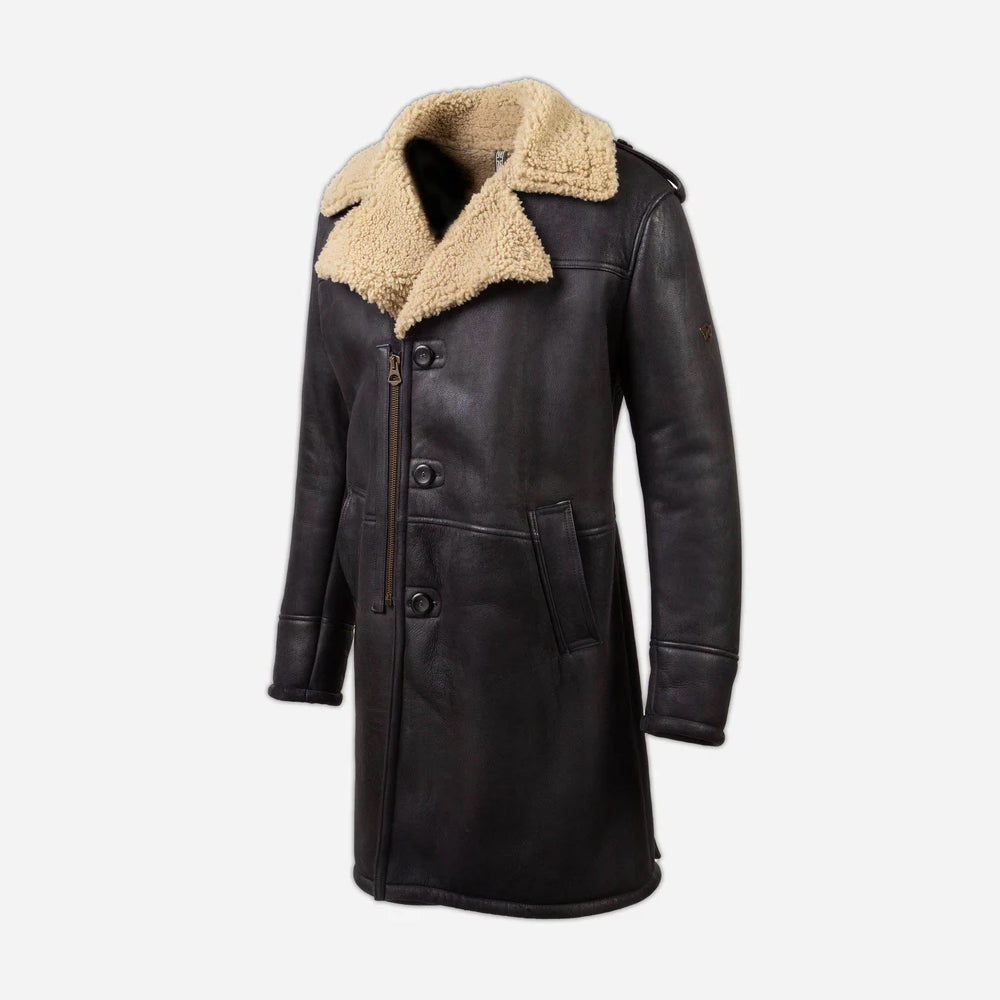 Men's dark brown notch collar shearling officer coat with curly fur lapels, front angled view