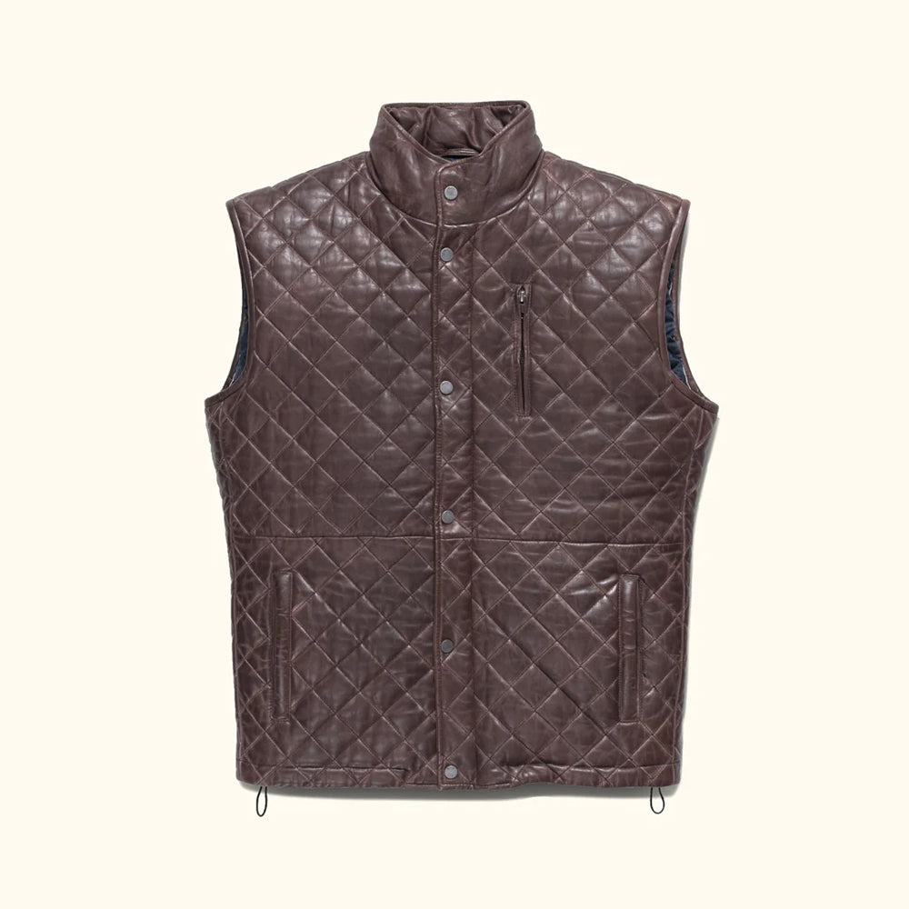 Front view of the men's dark brown sheepskin biker leather vest showcasing the straight center zipper track.