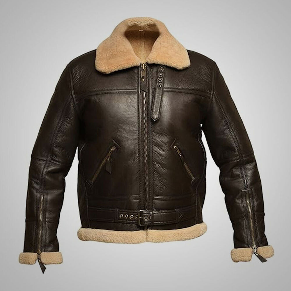 Front view of men's dark chocolate belted B3 aviator shearling jacket with cream fur collar and wrist zips