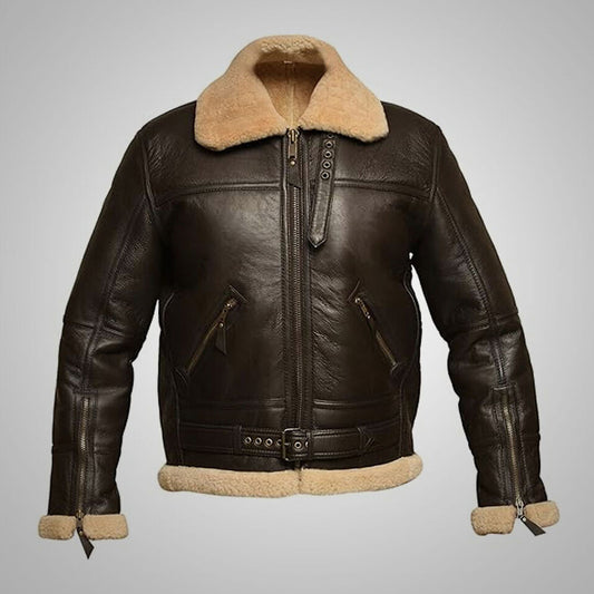 Front view of men's dark chocolate belted B3 aviator shearling jacket with cream fur collar and wrist zips